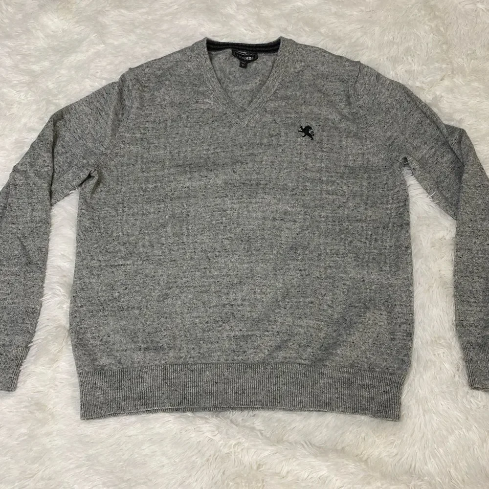 Express V-Neck Sweater Pullover Embroidered Logo Gray Cotton men’s  Size L